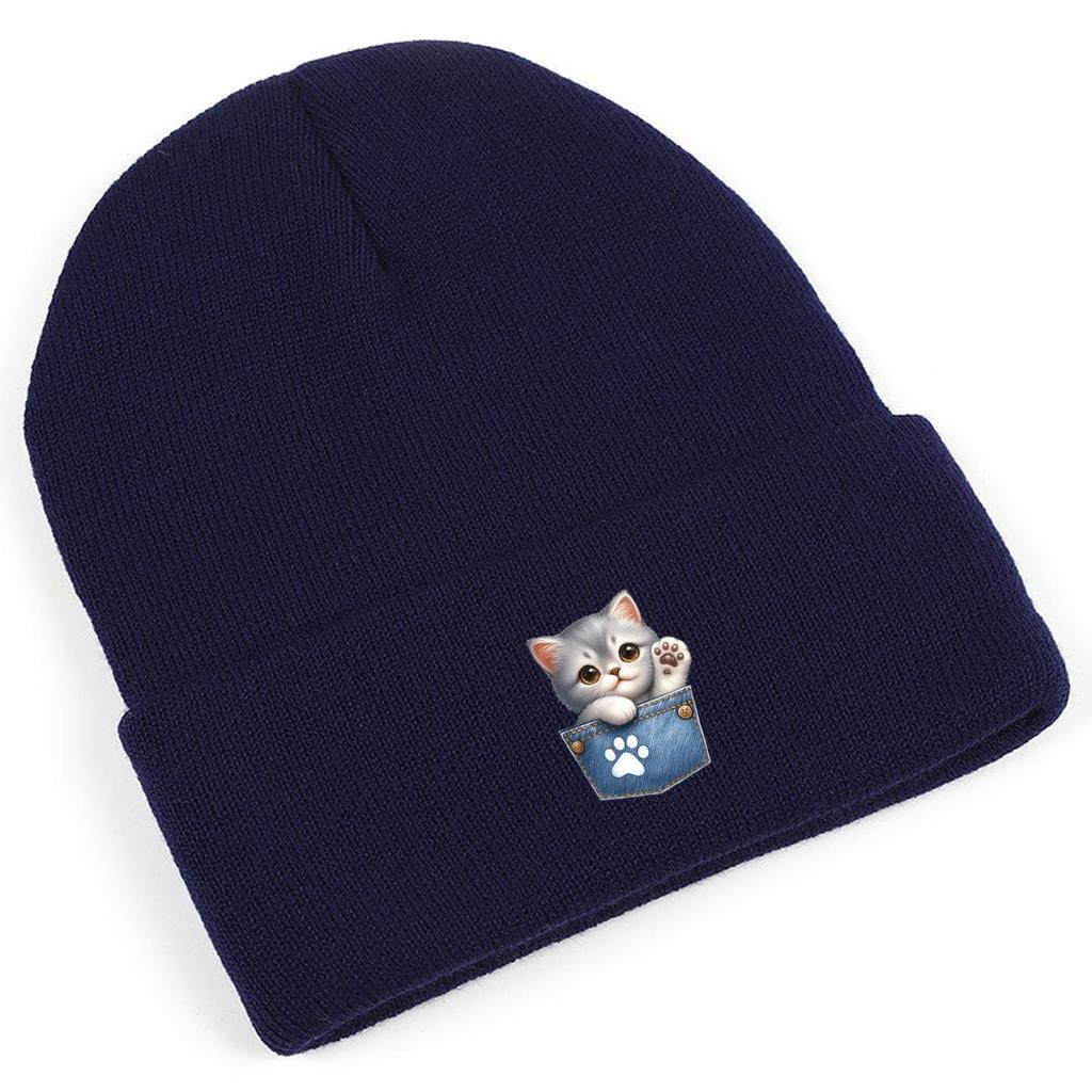 Pocket Cute Cat Print Knit Cap Beanie, Print Pompom Beanies Hip Hop Versatile Elastic Slouchy Knitted Cap Beanie