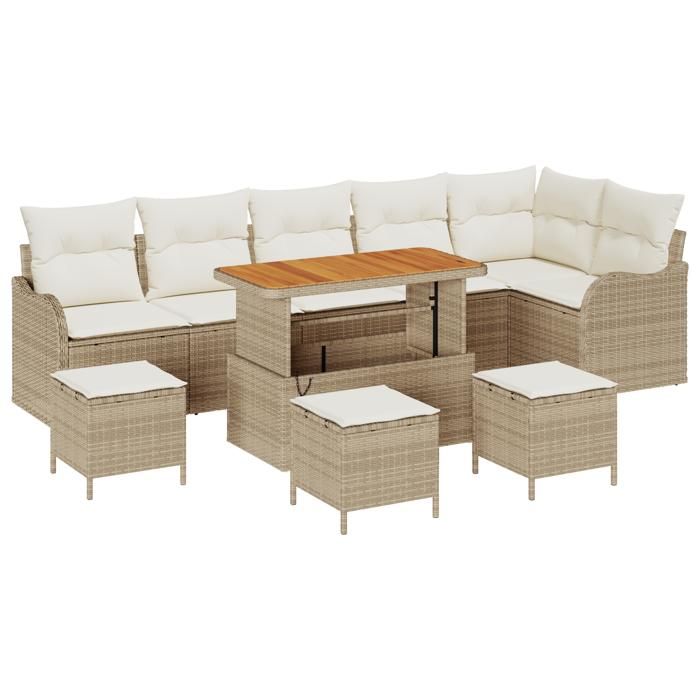 Ensemble de canapés de jardin 10 pièces avec coussins Beige Poly rotin Acacia, Canapé de jardin 2 places avec coussins Beige 3362291