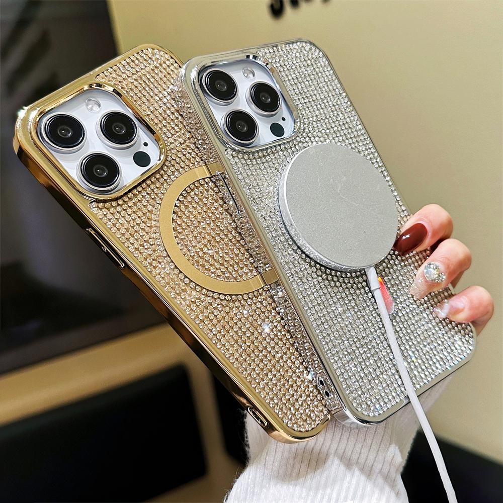 Luxury Plating Magnetic Diamond Glitter Bling Case for iPhone 17 16 14 11 12 13 15 Pro Max Rhinestones For Magsafe Charge Cover