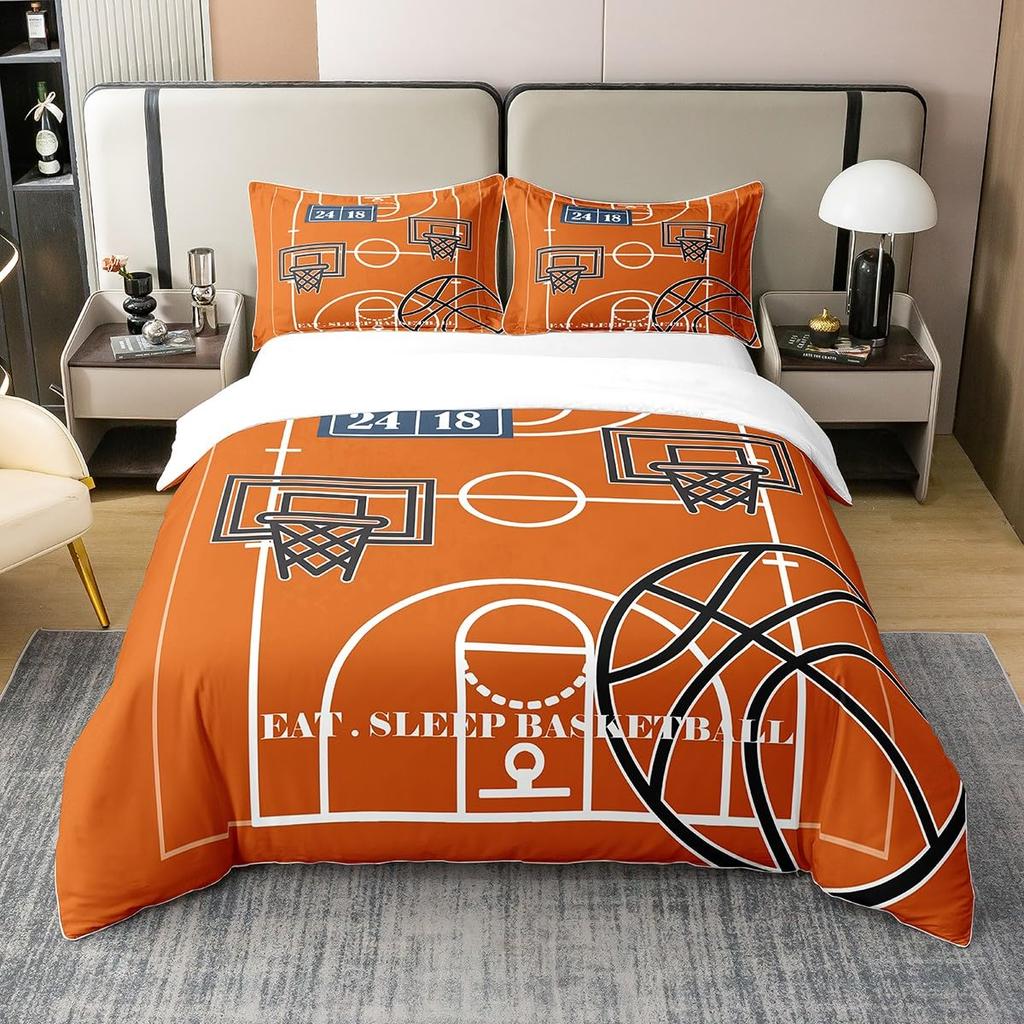 Basketbal Court Print Beding Set Quen Sized Dimensions,Bal Sports Games Themed Soft Duvet Cover, Young Boys Game Rom Decor Warm Comforter Soft Duvet
