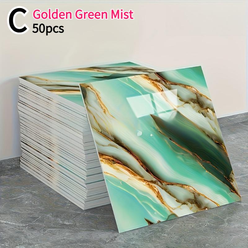 50pcs/100pcs Self-Adhesive Wall Stickers Glossy Marble Pattern Imitation Tile Peel Stick Waterproof Living Room Kitchen Bathroom