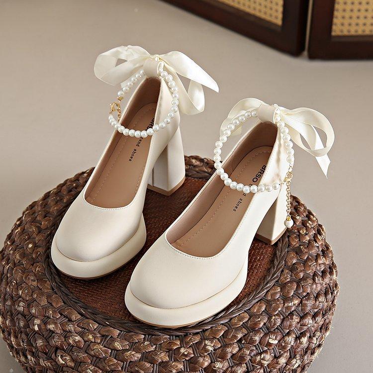 Women High Heels Luxury Pearl Mary Jane Shoes Elegant Bow Pumps Shoes for Women Party Wedding Shoes Platform Lolita Shoe
