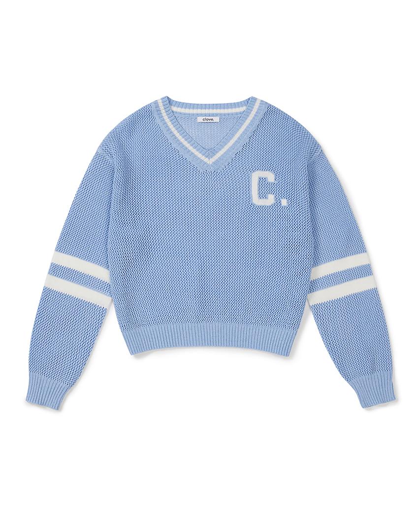 CLOVE [26Ss Clove] Net Weave V-Neck Knit (Sky Blue)