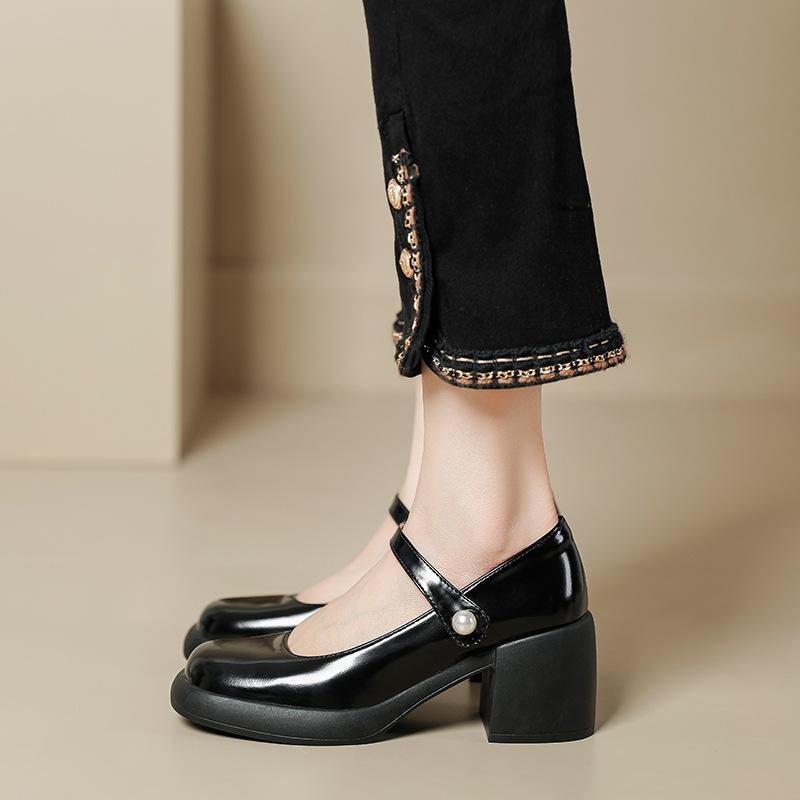 Genuine Leather Mary Jane Shoes Thick Heel Single Shoes for Women's Spring New High Heels Pearl Buckle Retro Shallow Mouth Fairy Shoes
