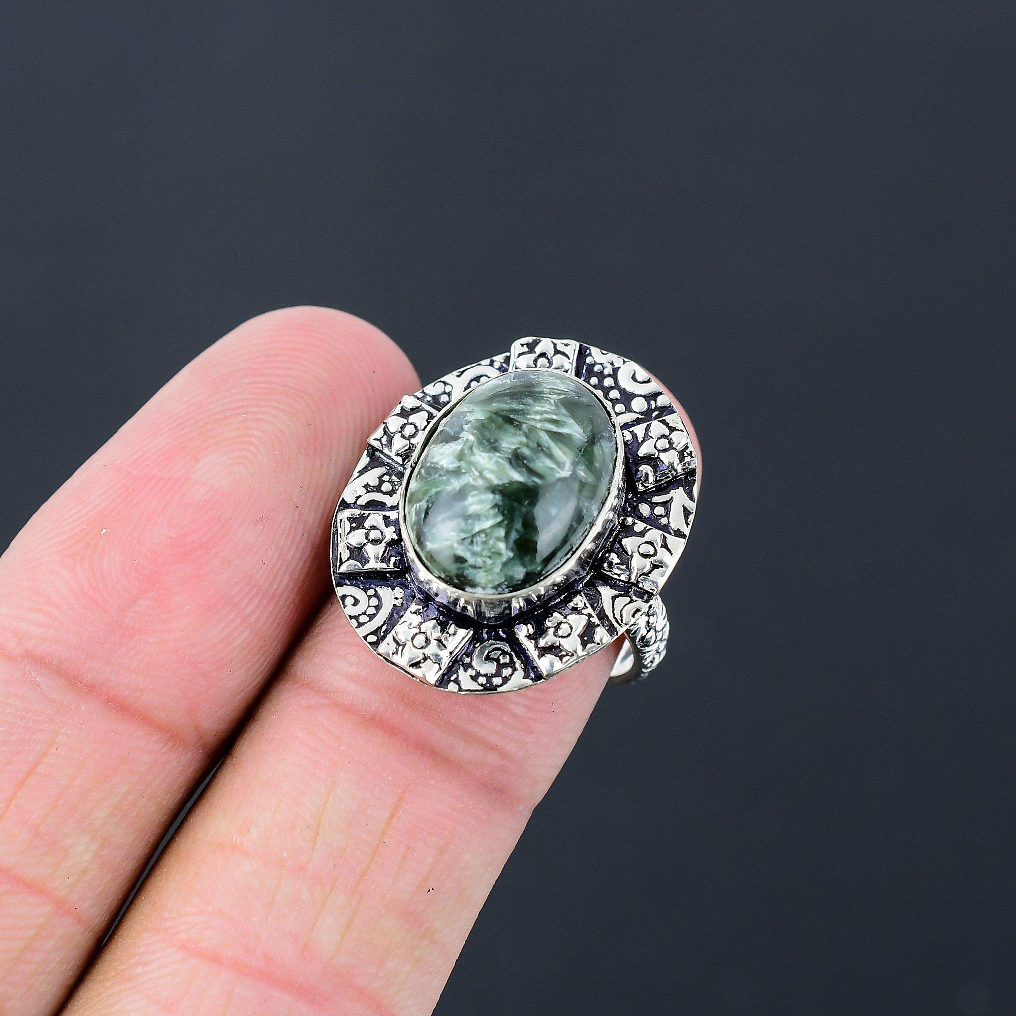 

925 Sterling Silver Oval Natural Seraphinite Solitaire New Ring Jewelry US 7.5 7.5