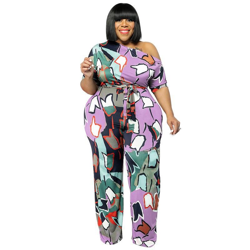 MY902 Plus Size Womens Off-Shoulder Printed Jumpsuit With Belt 2025 Knit Romper In Orange Beige Lavender Yellow Blue 1XL5XL