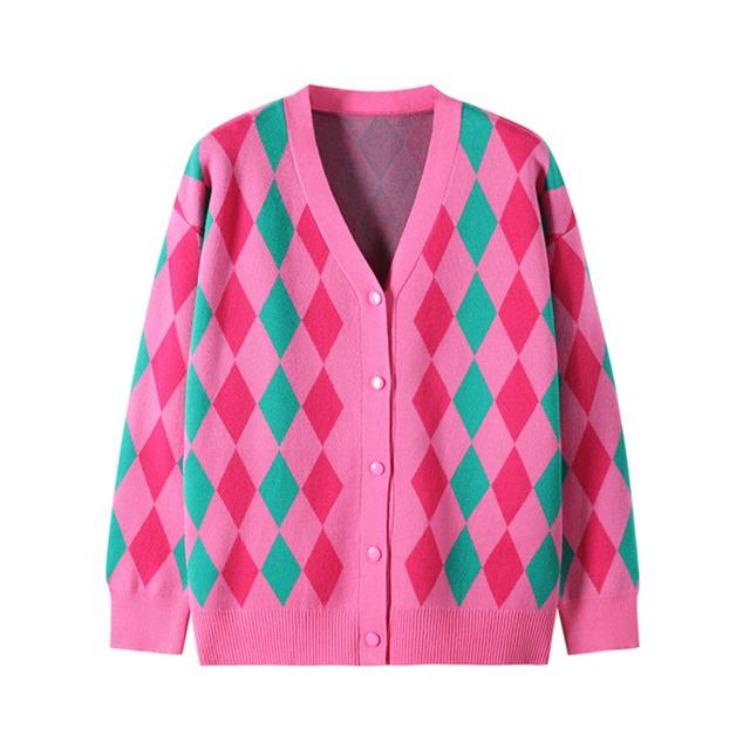 Women's Cardigans - Autumn Women Sweater Vintage Geometric Rhombic Cardigan Warm Loose Outerwear