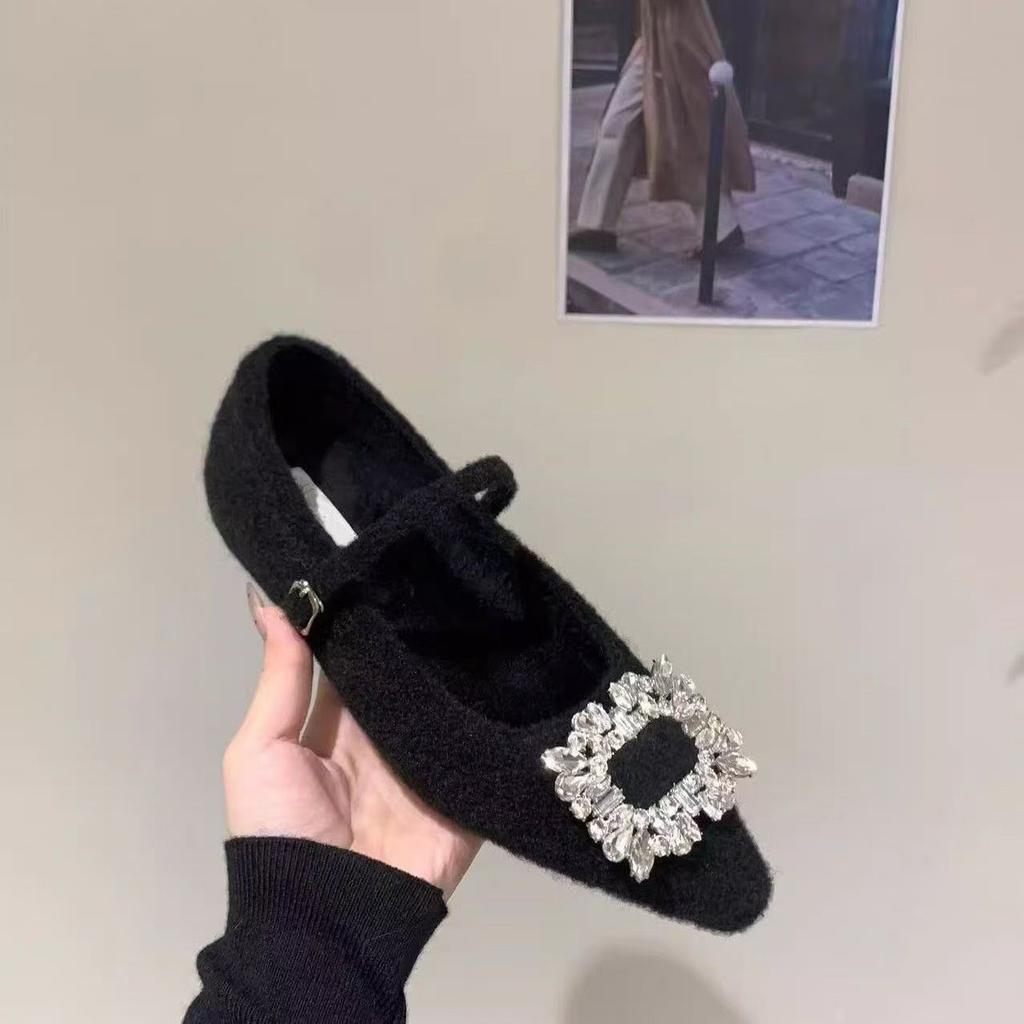 Flat bottom velvet square buckle rhinestone single shoes 2025 autumn and winter new casual versatile temperament Mary Jane Mao shoes women