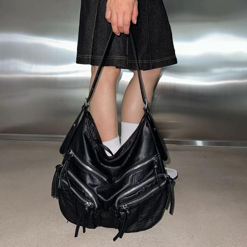 Vintage Large Capacity Soft Leather Black Motorcycle Bag Women's Simple Design Versatile Single Shoulder Crossbody Bag KTY