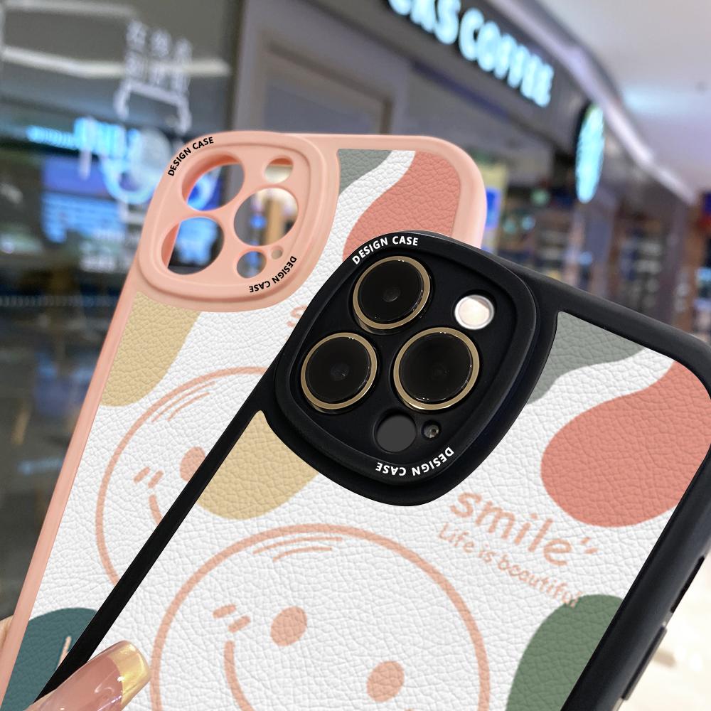 Slim Skin Feeling Cartoon Happy Smile Soft Silicone PU Leather Cover Phone Case for iPhone Samsung Huawei Honor Xiaomi Redmi OPPO Realme Vivo