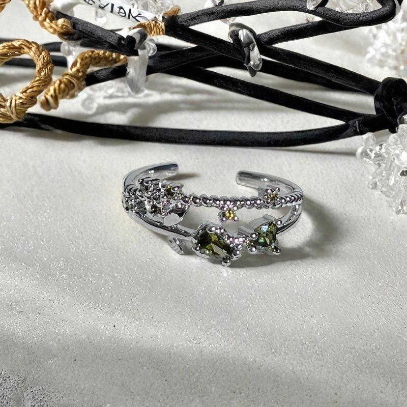 Olive Green Zircon Exquisite Colored Treasure Open Ring Women'S Light Luxury Full Diamond Bow High-End Ring