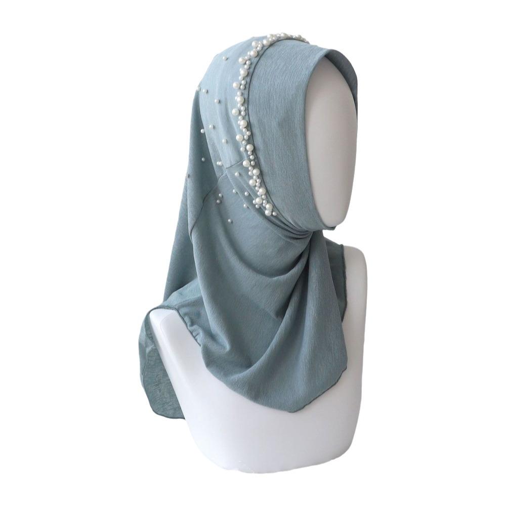 Simple Solid Color Beads Hijab Pull On Style Stretchable Head Wraps Quick Drying Shawls Sun Protection Headscarf Girls
