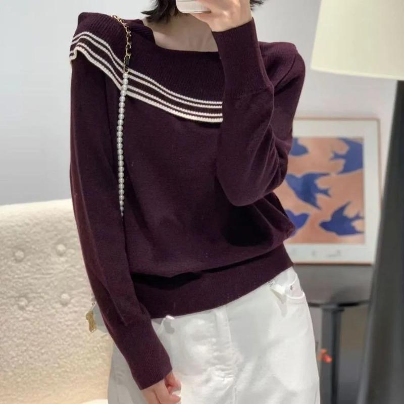 French High-end Slant Collar Off-shoulder Contrast Striped Sweater for Women Loose Slim and Versatile Long-sleeved