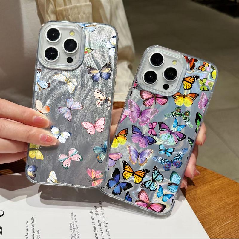 Butterfly Print Soft Edge Slim Clear Phone Case For iPhone 16 Pro 15 Pro Max 14 13 12 11 Glitter Feather Shockproof Sparkling Hard PC Back Cover