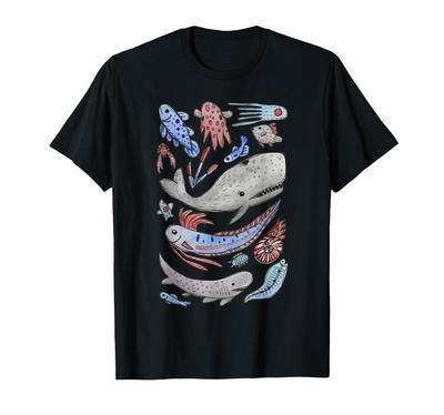 Deep Sea Sea Creatures All Fish Whale Shark Watercolor Painting T-shirt
