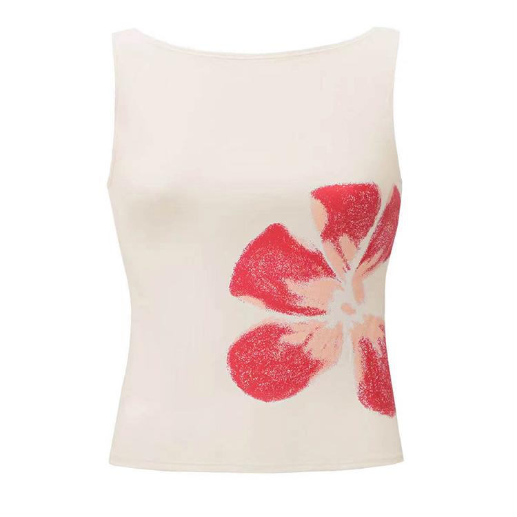 

2025 Новая Мода Женские Укороченные Майки В Облежку С Цветочным Принтом Вырез Лодочкой Без Рукавов Летние Топы для Вечеринки Клуба L белый