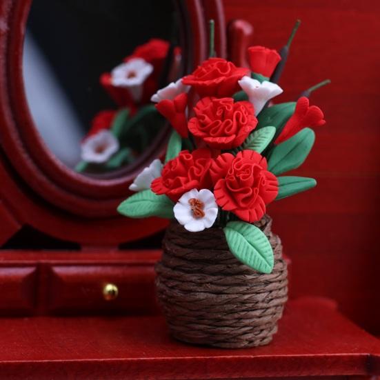 Dollhouse Potted Plant 1:12 Scale Hand-Kneaded Miniature Rattan Flower Pot with Lifelike Petals Leaf Veins Dollhouse Decor Accessory