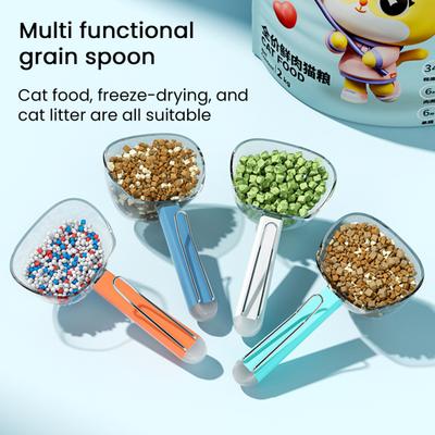 Dog Food Scoop Multi Purpose Plastic Pet Food Measuring Cup with Long Handle 2-in-1 Sealing Clip for Dogs Cats Birds Food