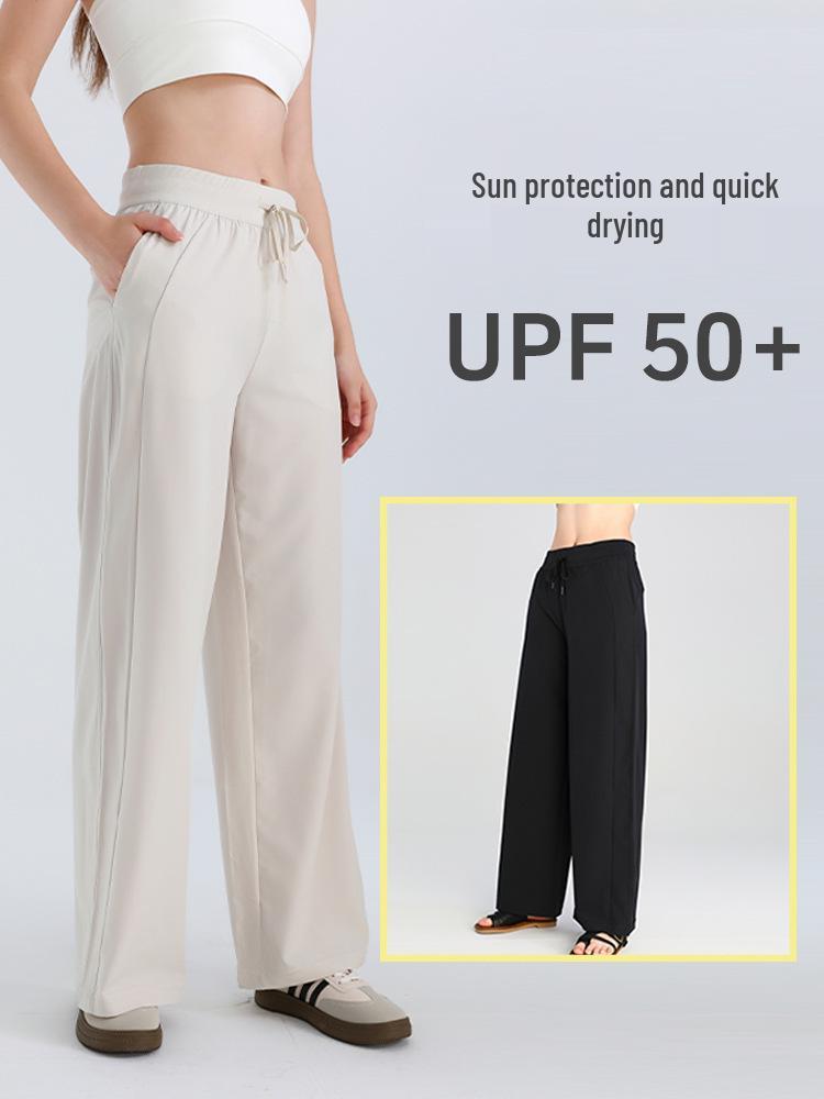 Damen Sommer Yoga Hose mit Hohem Bund, Weiter Beinform, Sonnenschutz und Taschen