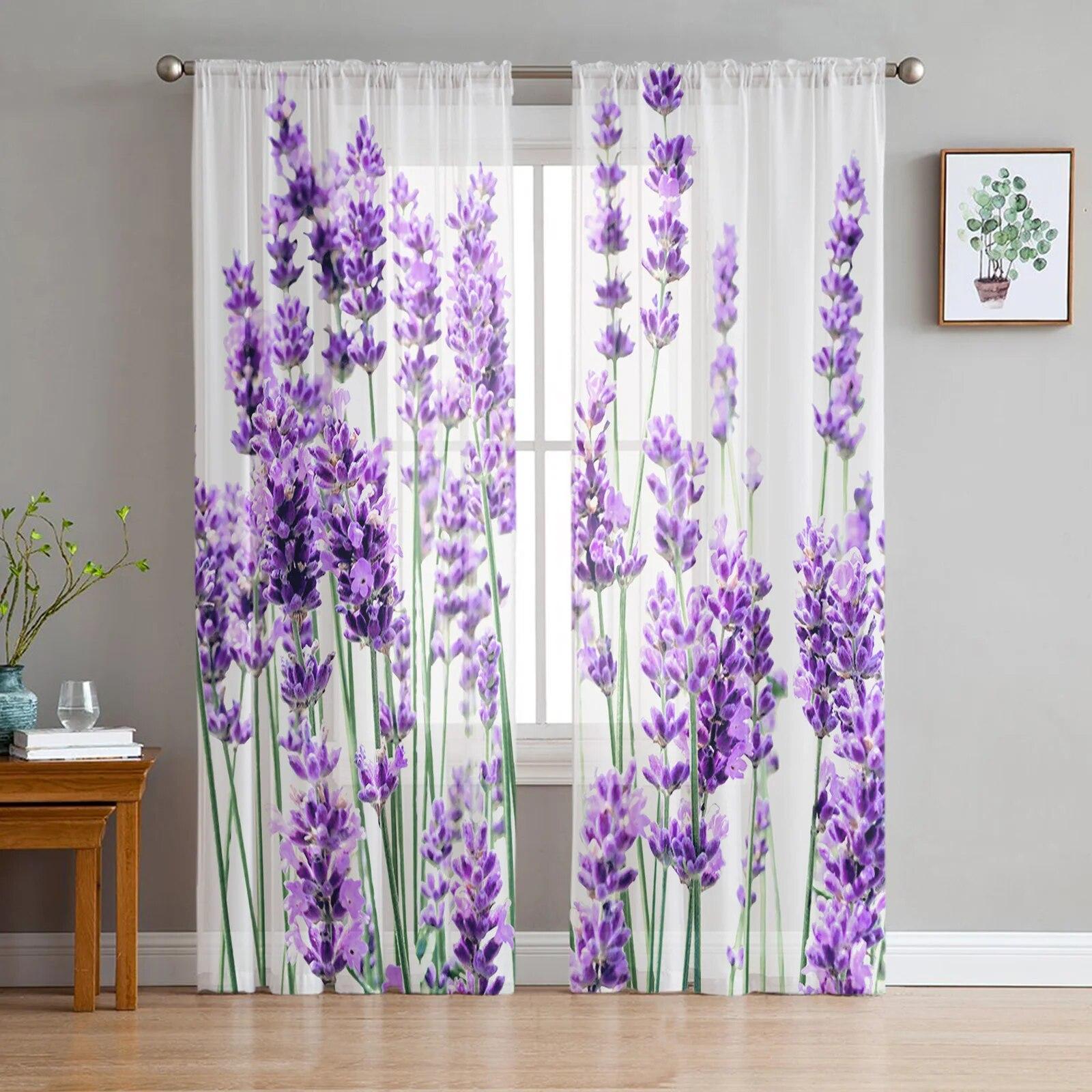 

Фиолетовый цветок лаванды романтические тюлевые шторы для украшения гостиной современная шифоновая прозрачная вуаль кухонная занавеска 135W x 244H(cm)
