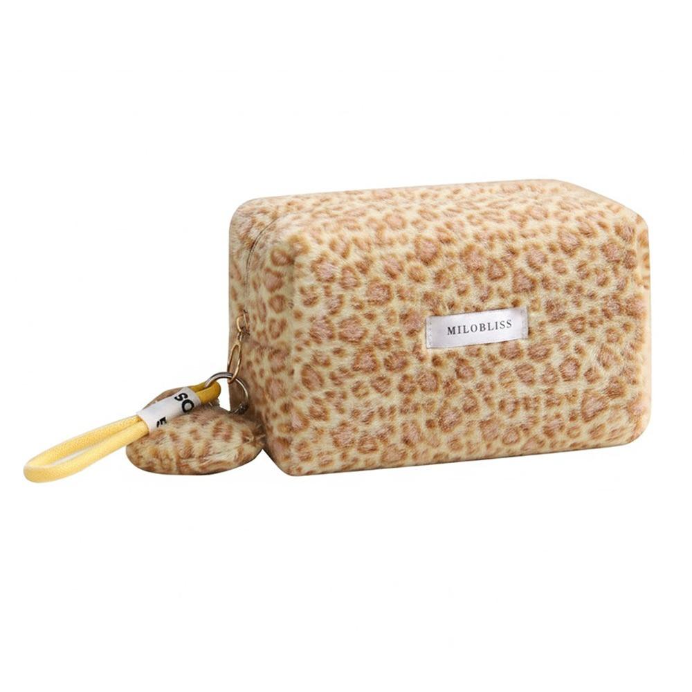 Fashion Fuzzy Makeup Bag Large Capacity Leopard Print Cosmetic Bag Portable Soft Travel Bag Cosmetic Storage