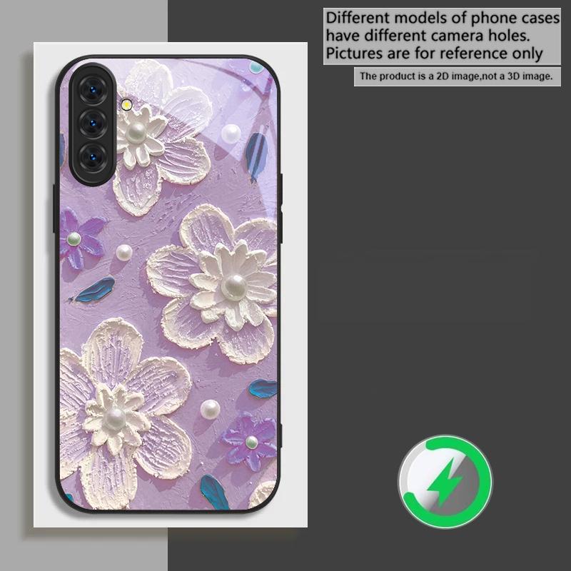 Cream rice white petals suitable for Samsung Galaxy S26 Ultra S20 FE S21 S22+ S23 Plus S24 Ultra 25 Edge black Glass Phone Casee