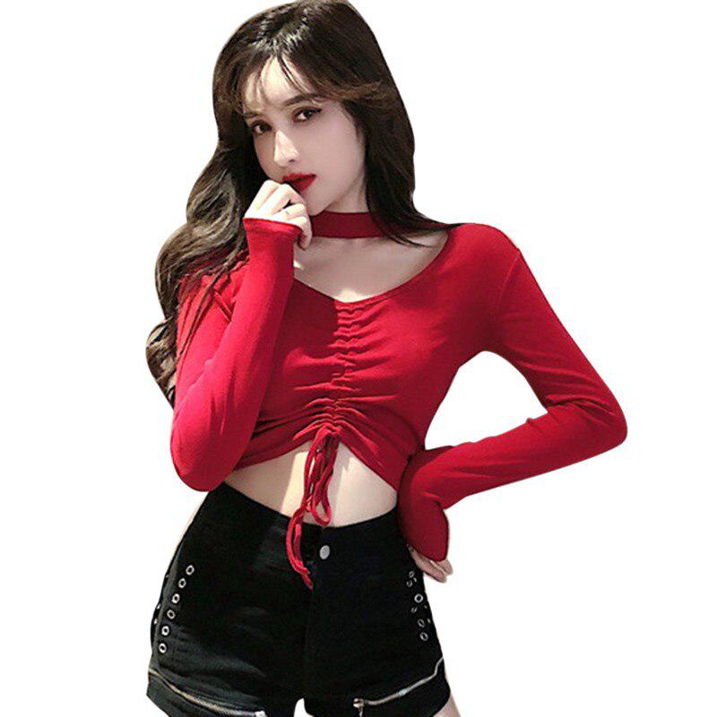 Women's T Shirt Camiseta Mujer Casual Long Sleeve Solid V-neck Crop Tops Woman Fashion Drawstring Bottom Top Tee Shirt Femme