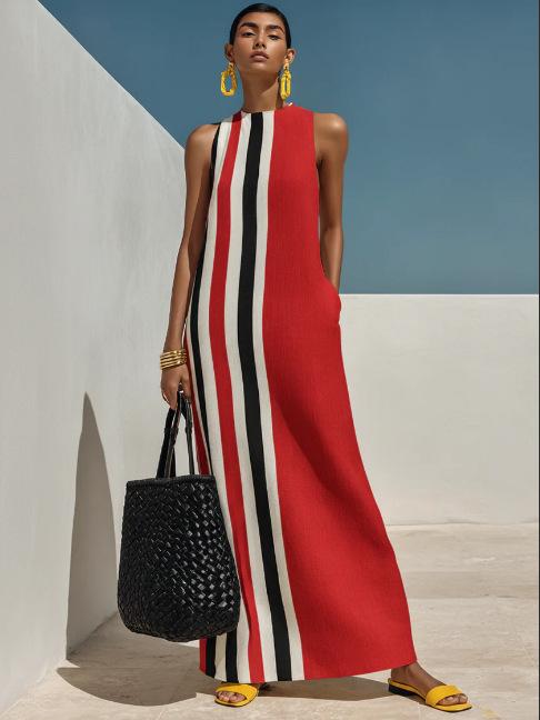 Women's new European and American casual vacation style blended dress contrasting color printing round neck sleeveless long dress