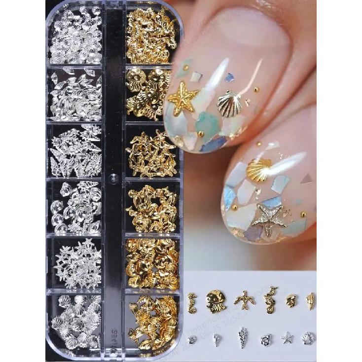 

1 Коробка 3D Шармы для дизайна ногтей из сплава на морскую тематику, 12 стилей: ракушка, морской конек, раковина, морская звезда, медуза, летние DIY детали для ногтей PH255