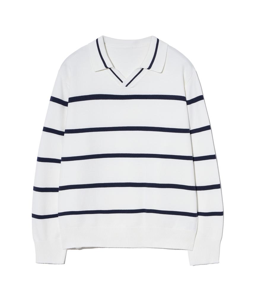 IRONYPORNO WHITELINE 86-Iroj365 Open-Neck Striped Long-Sleeve Knit White