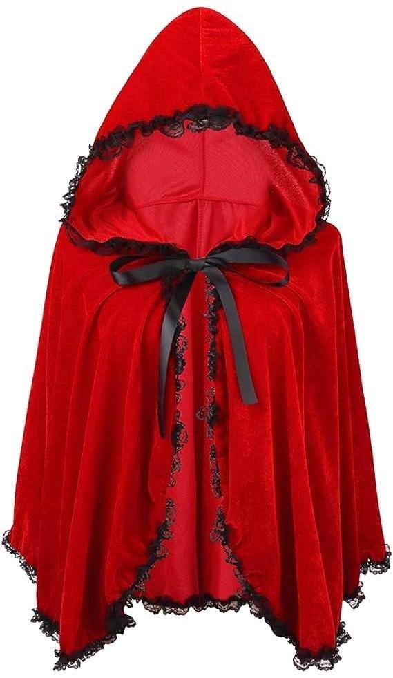 Lussuoso Mantello Corto con Cappuccio e Bordi in Pizzo Rosso Vino per Donna Perfetto per Halloween e Altro
