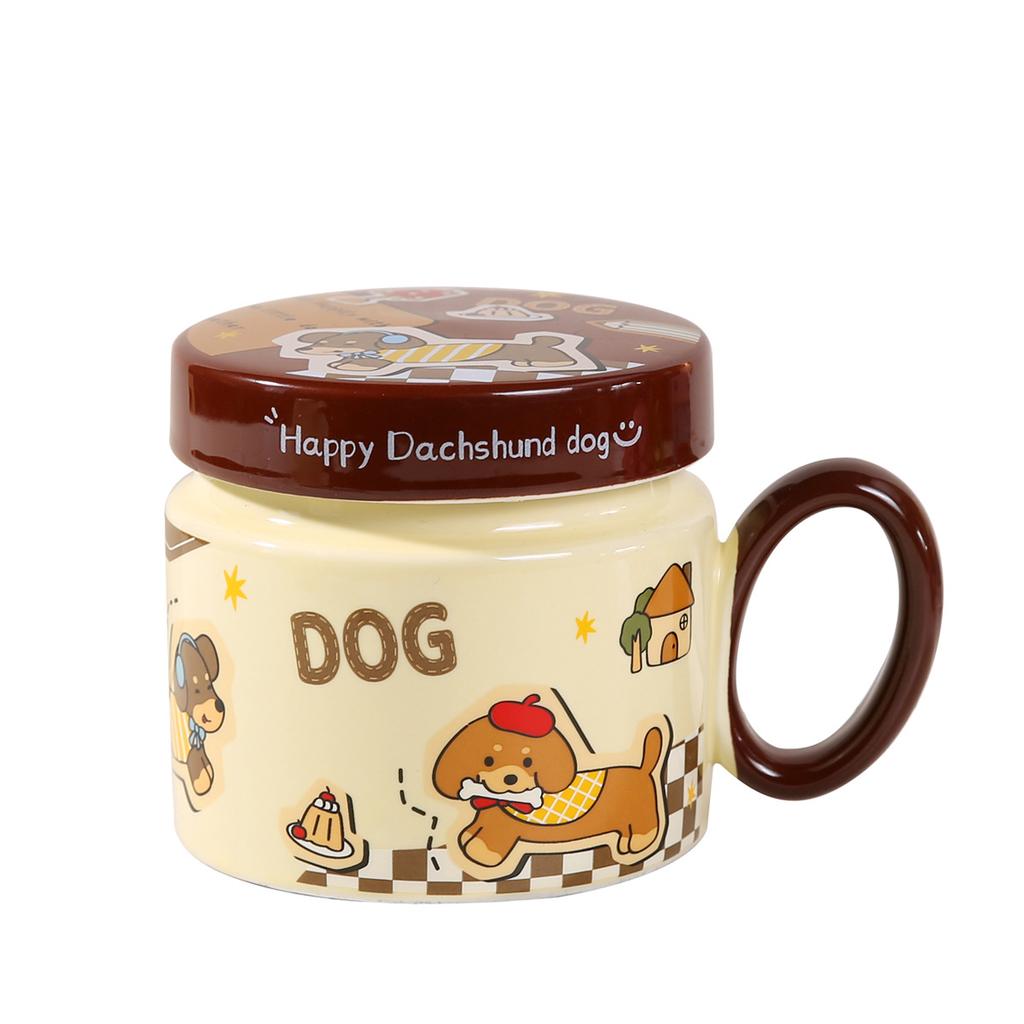Dackel Keramik Wasserbecher Süße Tasse mit Deckel und Löffel Kreativer Jungenstil Kinder Frühstückstasse Große Kapazität