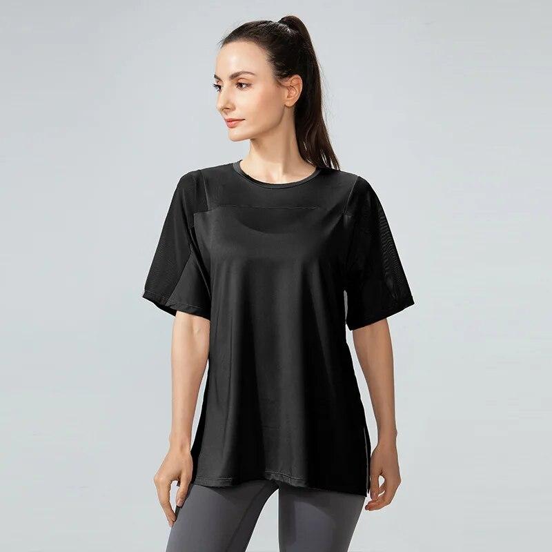 O Neck Short Sleeve Running Quick Drying Fitness Blouse Women Summer Side Cracking Sports T-shirt Mesh Loose Yoga Tops 30662