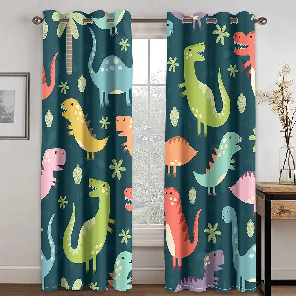 Selling Funny Cartoon Children Cute Dinosaur Cloth Curtain for Living Room Bedroom Nursery Room Kindergarten 2 Pieces