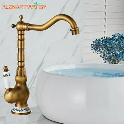 Antique Brass Basin Faucet Creamic Single Handle Hot And Cold Mixer Tap 360 Rotation Deck Mount Bathroom Crane Kitchen Faucet