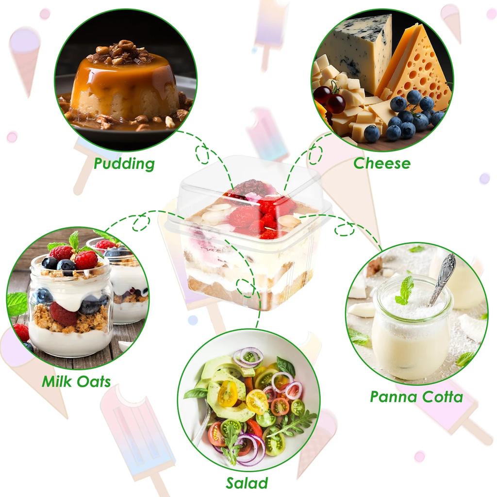 50Pcs Plastic Dessert Cups Clear Square Single Dessert Box Sealed Cake Storage Box for Muffins Cupcake Pudding Mousse Christmas