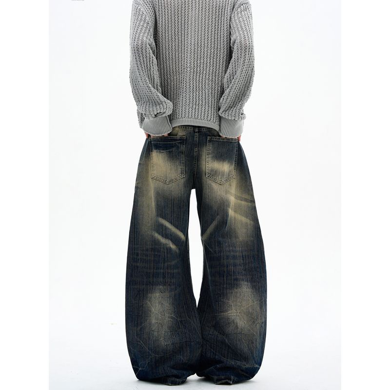 Kisko American-Style Washed Vintage Whiskered Bamboo Texture Jeans for Men and Women, New Trendy Brand Loose Straight-Leg Scimitar Pants