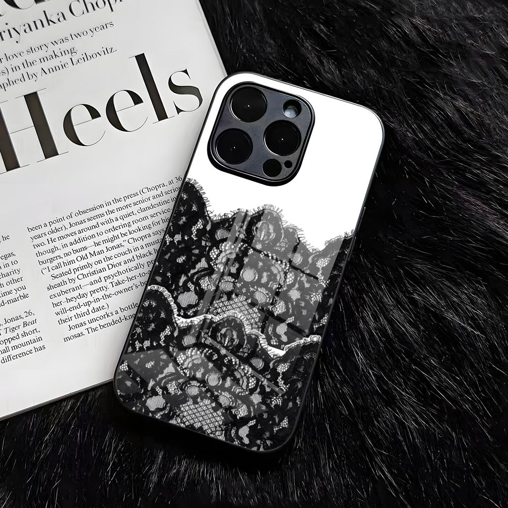 

Black Lace Print Phone Case For IPhone 17 Air 16 E Pro Max 15 14 13 Mini 12 Pro 11 Max Plus Black Glass Cover iPhone 13 Mini