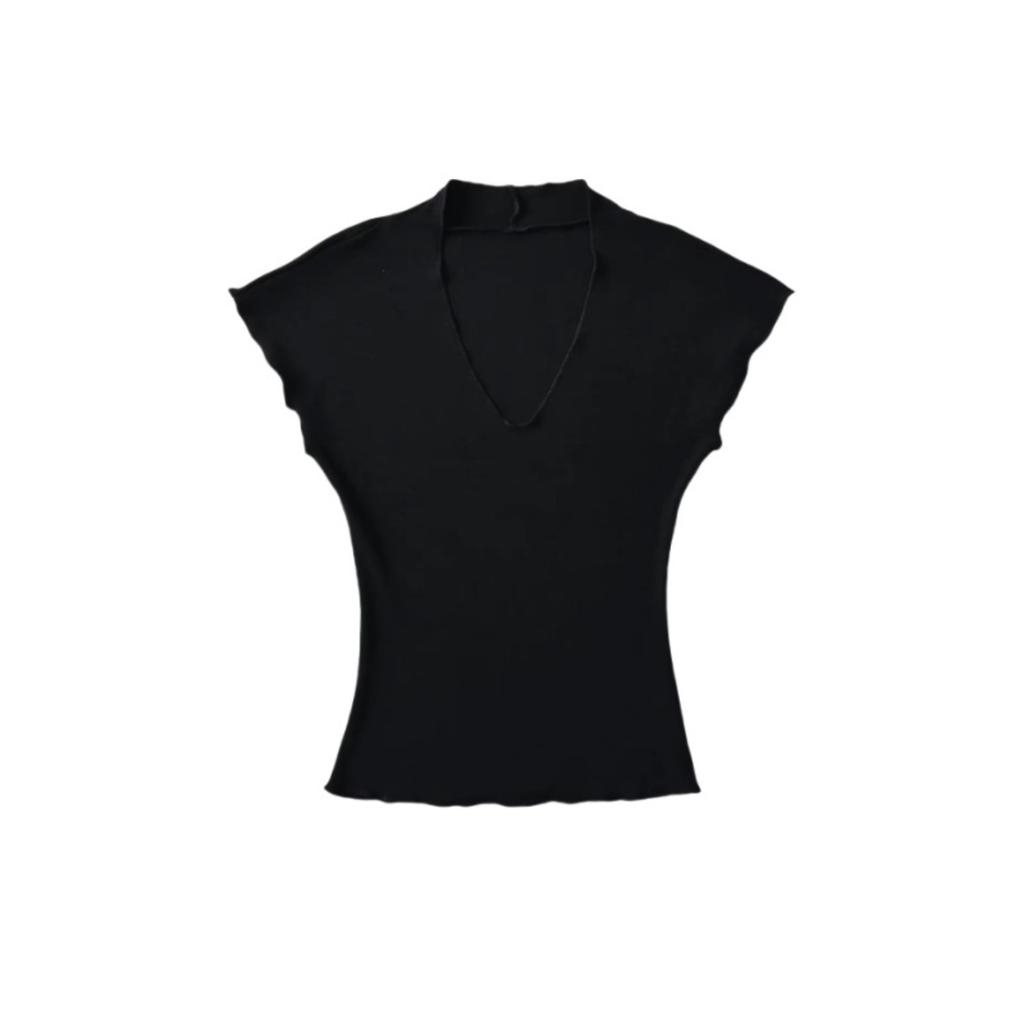 Damen V-Ausschnitt Kurzarm T-Shirt Slim Fit Einfarbig Basic Lässiges Tee Top