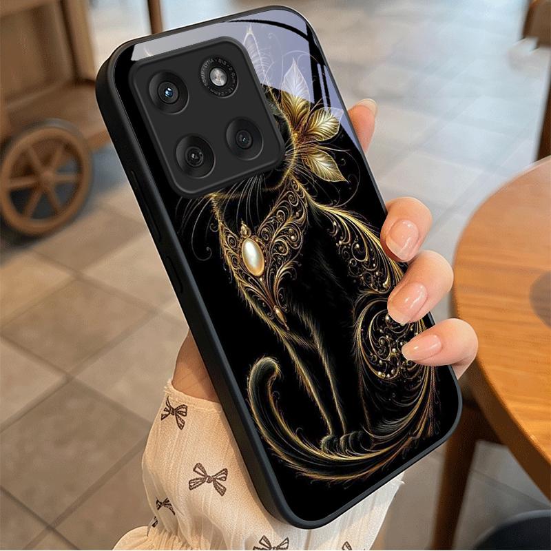 Mystic Golden Pearl Cat Black Glass Phone Case For Motorola Moto Edge 60 70 20 Lite 30 Pro 40 50 Ultra X30 Pro G14 G75 G84 Cover
