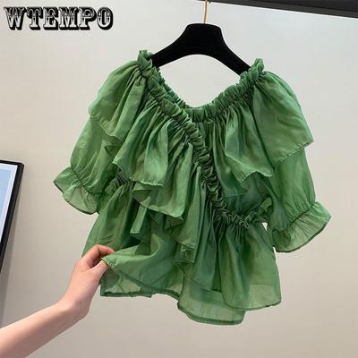 Blusa de manga curta com babados, blusa curta feminina, decote em V, camisa verde de verão