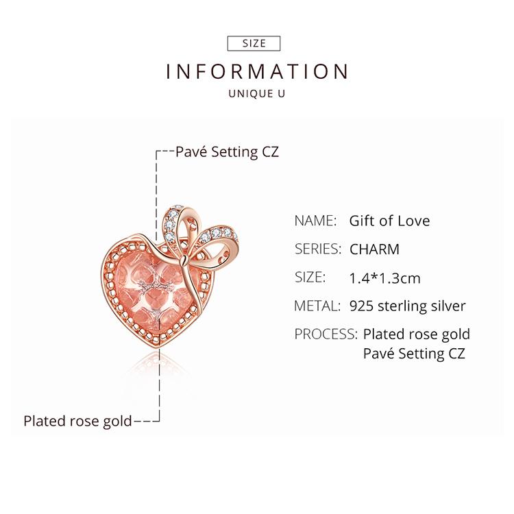 BAMOER 925 Sterling Silver Roséguld Hjärtformad Zirkonpärla, Kvinnor Romantisk rosett Gift of Love Charm Hänge som passar Original 3 mm armband DIY smycken