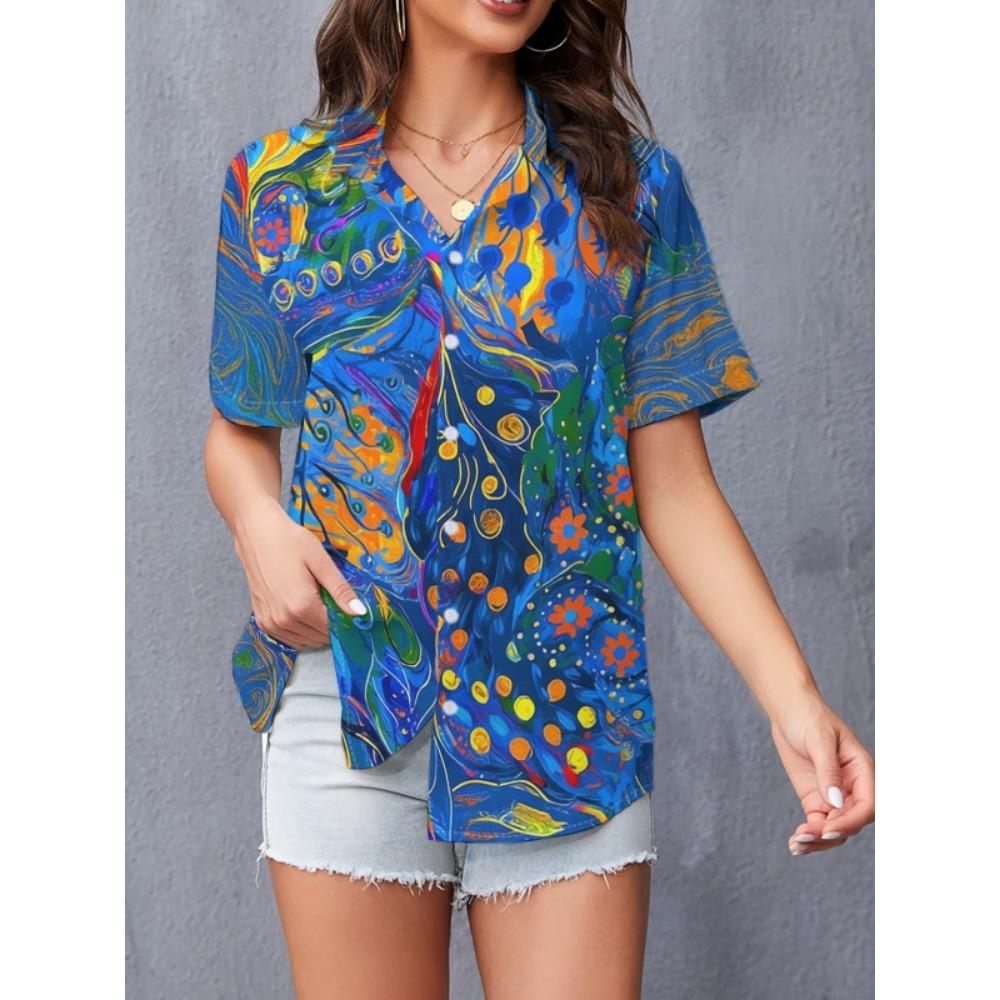 Simple and Personalized Print Summer Women's Plus Size Lapel Short Sleeved Shirt Fashionable Versatile Top