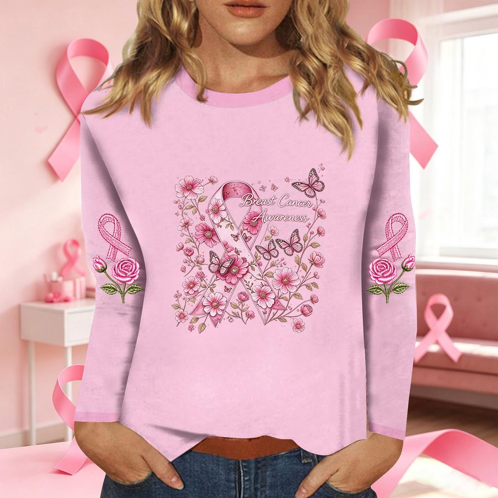 Women's Fashion Casual Long Sleeve Neck Top with Ribbon Print
