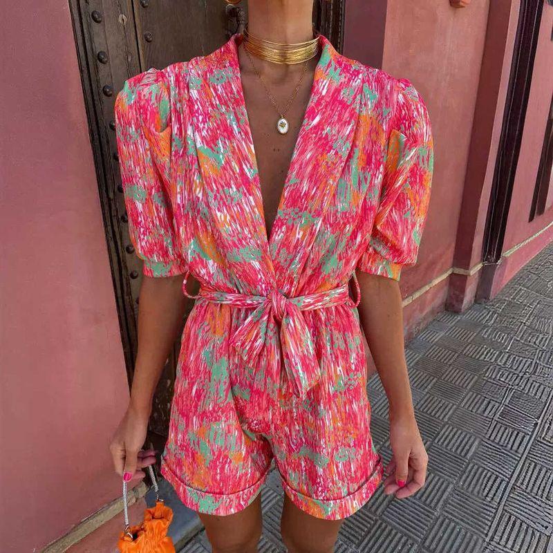 

Printed Shorts Jumpsuit Deep V-neck Puff sleeve Short sleeve Print Belt Pocket Shorts Jumpsuit Red S