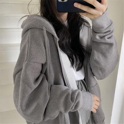 Wiosenne bluzy damskie w koreańskim stylu, luźne, z długim rękawem, zapinane na zamek, solidne, kieszonkowe, obszerne bluzy damskie, jesienne, z kapturem Streetwear, top na co dzień
