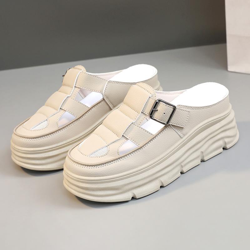 

[Customized] W3608 new half-drag girl 2025 summer hollow and breathable thick-soled heightening casual slippers sandals 40