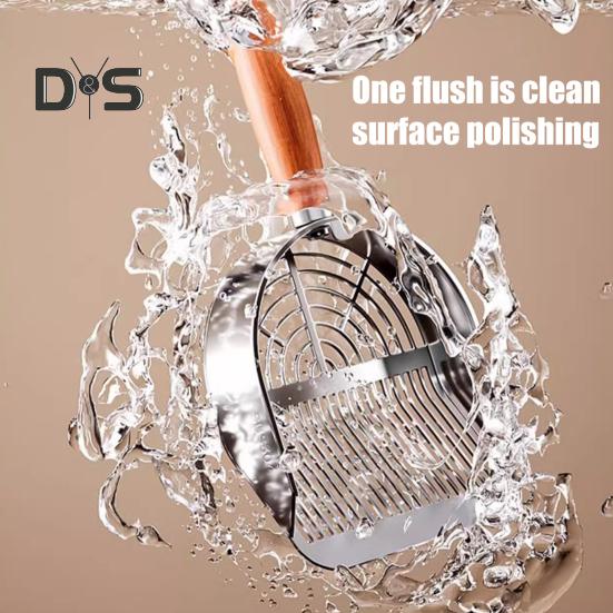 Katzenstreuschaufel aus Metall mit Halter, Haustierkotschaufel mit ergonomischem Holzgriff, schnelle Siebschaufel, Katzenbedarf