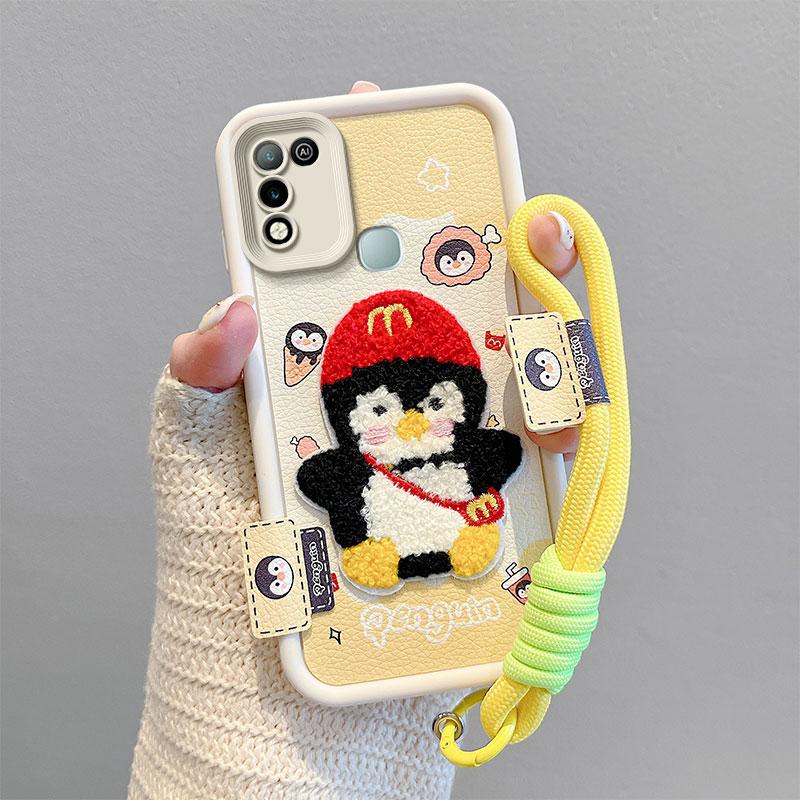 KEYSION Cartoon Cute Plush Embroidery Case for Infinix Hot 11 Play with Lanyard PU Leather Shockproof Phone Cover for Infinix Hot 10 9 Play