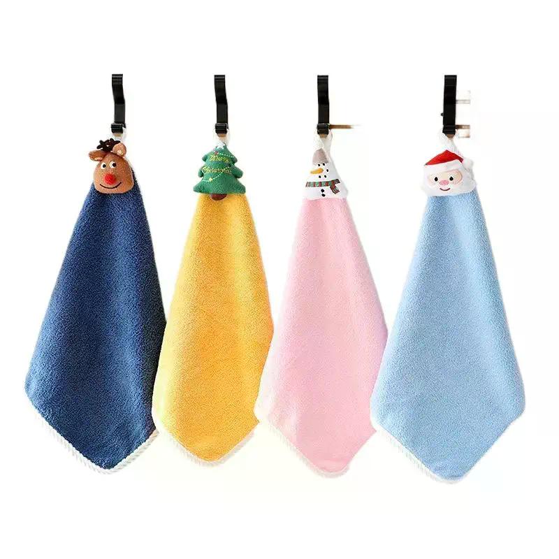Kids Christmas Style Hand Towel Cartoon Elk Snowman Santa Claus Xmas Tree Velvet Towel Bathroom Hanging Towel Adsorption Cloth
